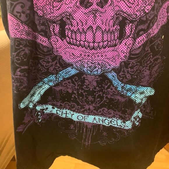 LA Ink Y2k Skull & Crossbones V-Neck Punk Goth Grunge 1/2 Sleeve Blk Pink WMN 4X - Picture 7 of 8